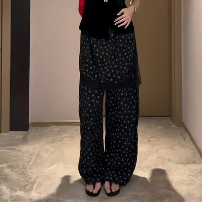 黑色慵懒假两件印花阔腿裤女2025夏季薄款不规则显瘦百搭直筒裤