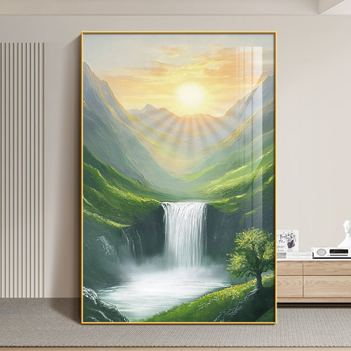 新款日照金山客厅装饰画现代简约沙发背景墙落地画流水生财玄关画