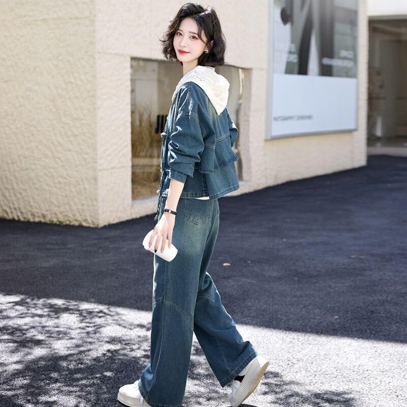 休闲时尚新中式牛仔套装女2024春秋新款阔腿裤洋气显瘦工装两件套