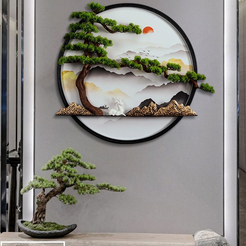 新中式迎客松壁画客厅墙面沙发背景墙茶室松树圆形挂画玄关装饰画图片
