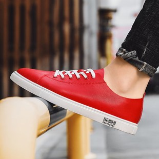 春夏季白底黑面男款青年皮面休闲鞋透气单层软皮板鞋百搭潮流皮鞋