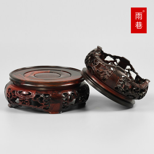 红酸枝摆件饰品可选旋转红木圆形实木雕刻工艺品奇石花盆花瓶底座