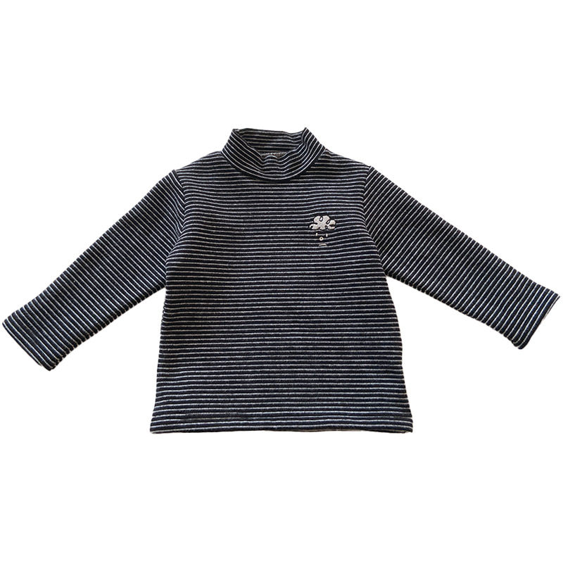 软糯~儿童条纹一体绒半高领打底衫男童加绒秋冬小童长袖T恤加厚