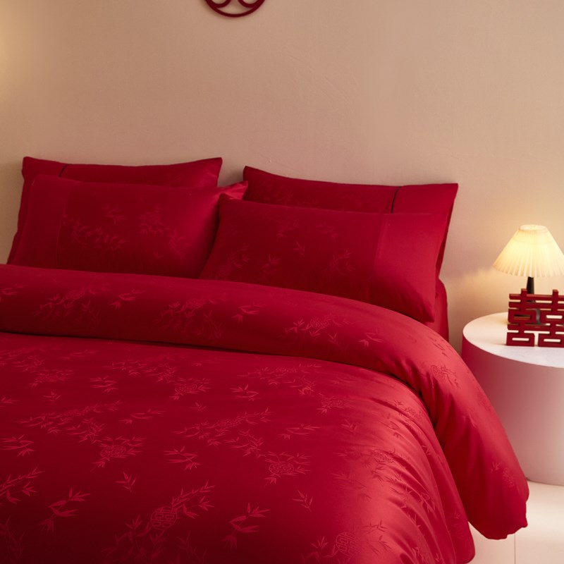 高端婚庆水洗棉提花婚庆四件套红色纯棉床单被套新婚喜被床上用品