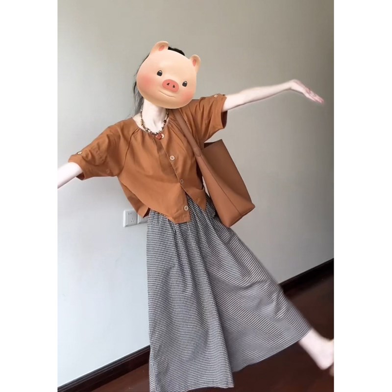 日系气质b衬衫宽松小衫+格子阔腿裙裤百搭套装女一整套两件套爆款