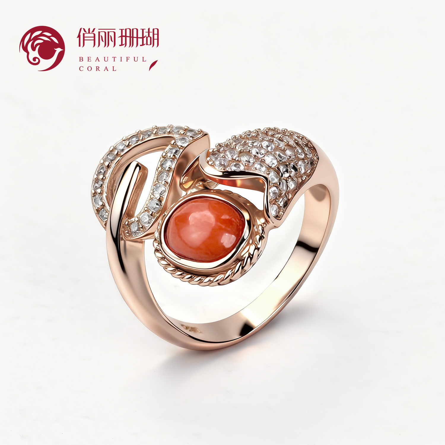 俏丽纯天然沙丁红珊瑚活口戒指