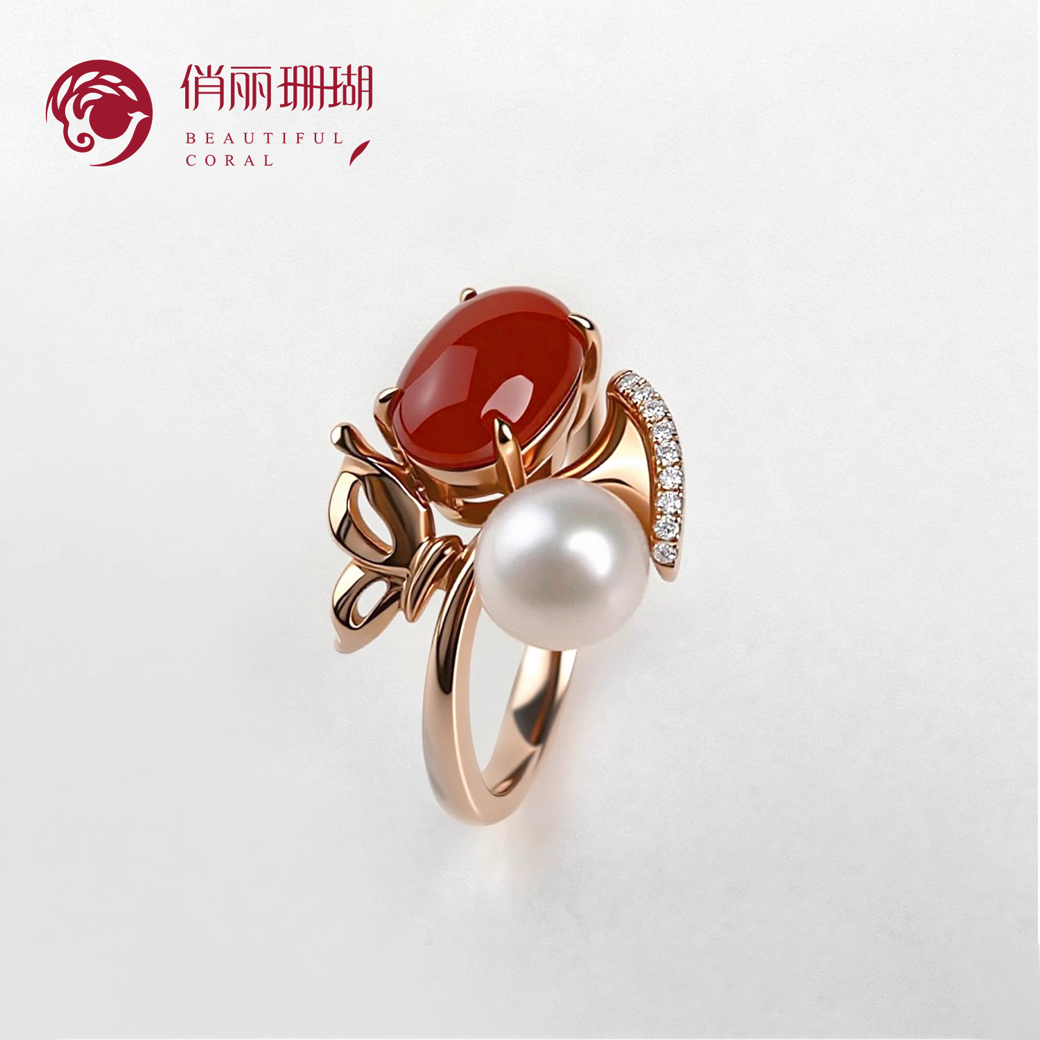 俏丽天然阿卡红珊瑚18K镶嵌戒指