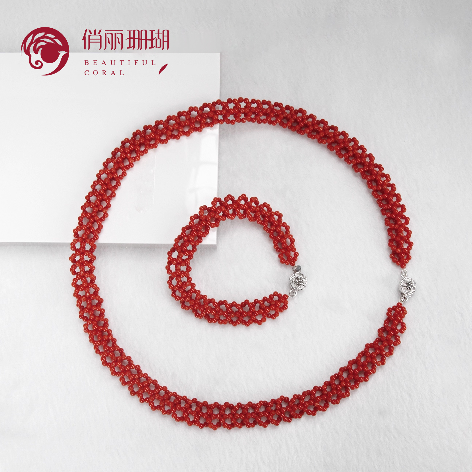 俏丽红珊瑚项链纯天然地中海沙丁手链圆珠编织花套链有机彩宝首饰