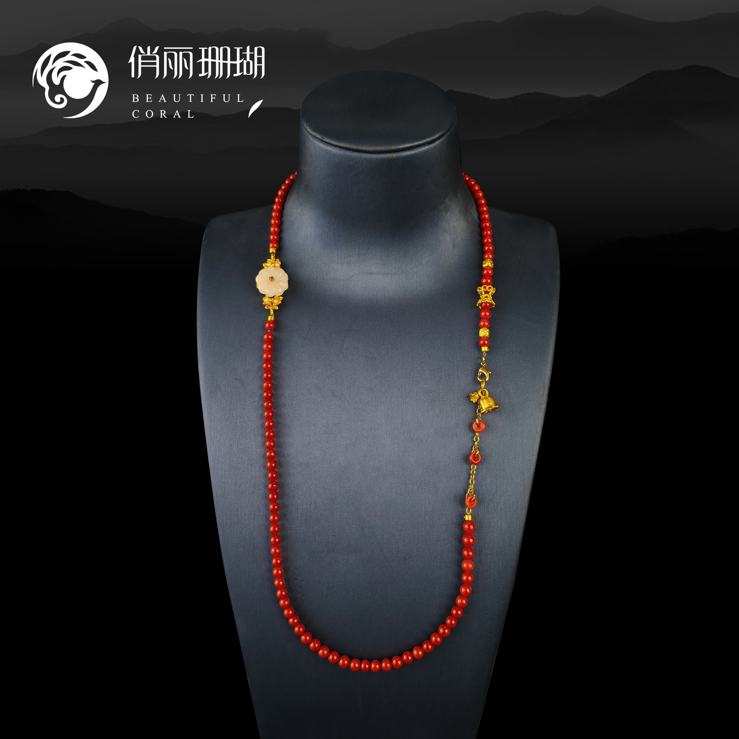俏丽天然沙丁红珊瑚圆珠项链