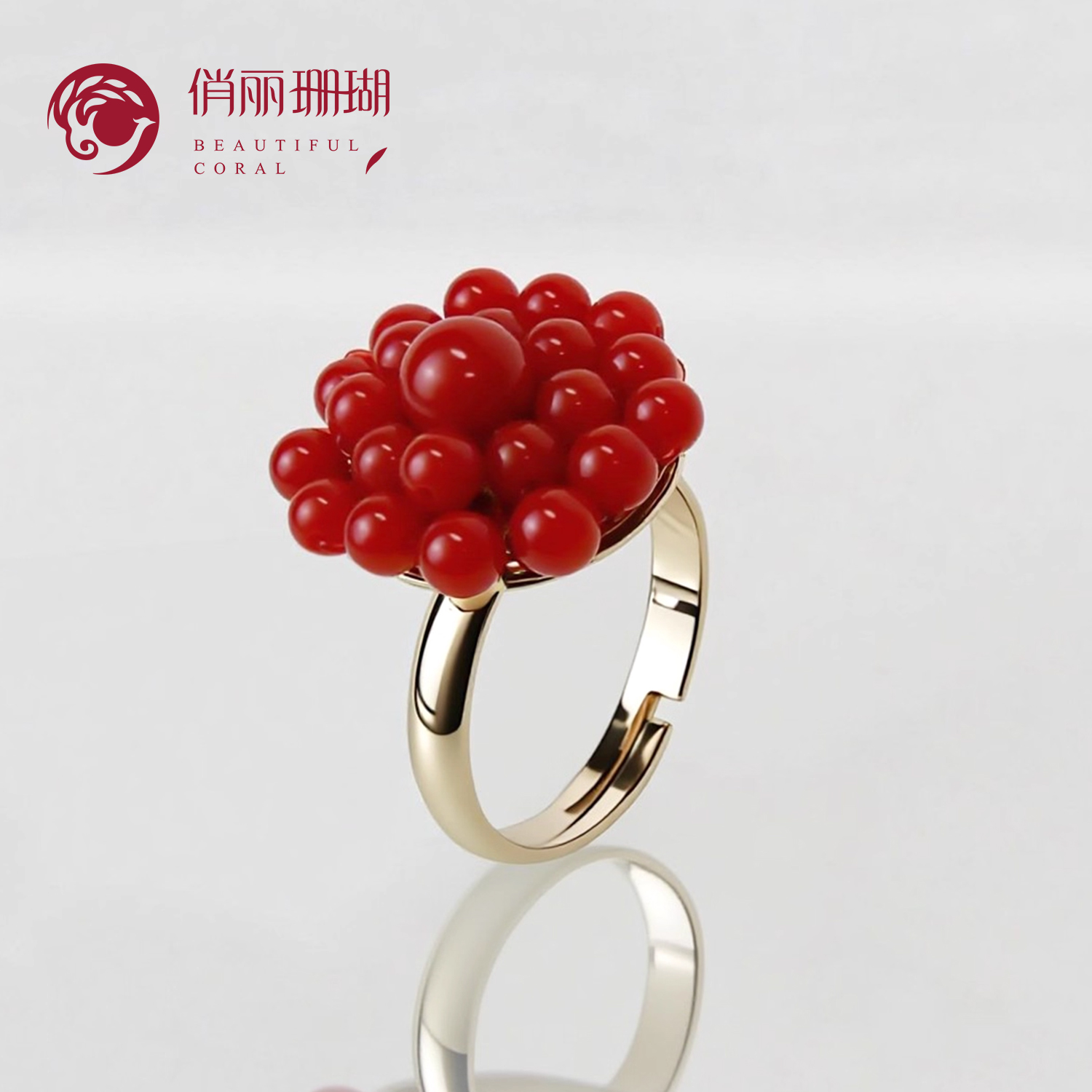 俏丽天然珊瑚S925银镀金镶嵌戒指