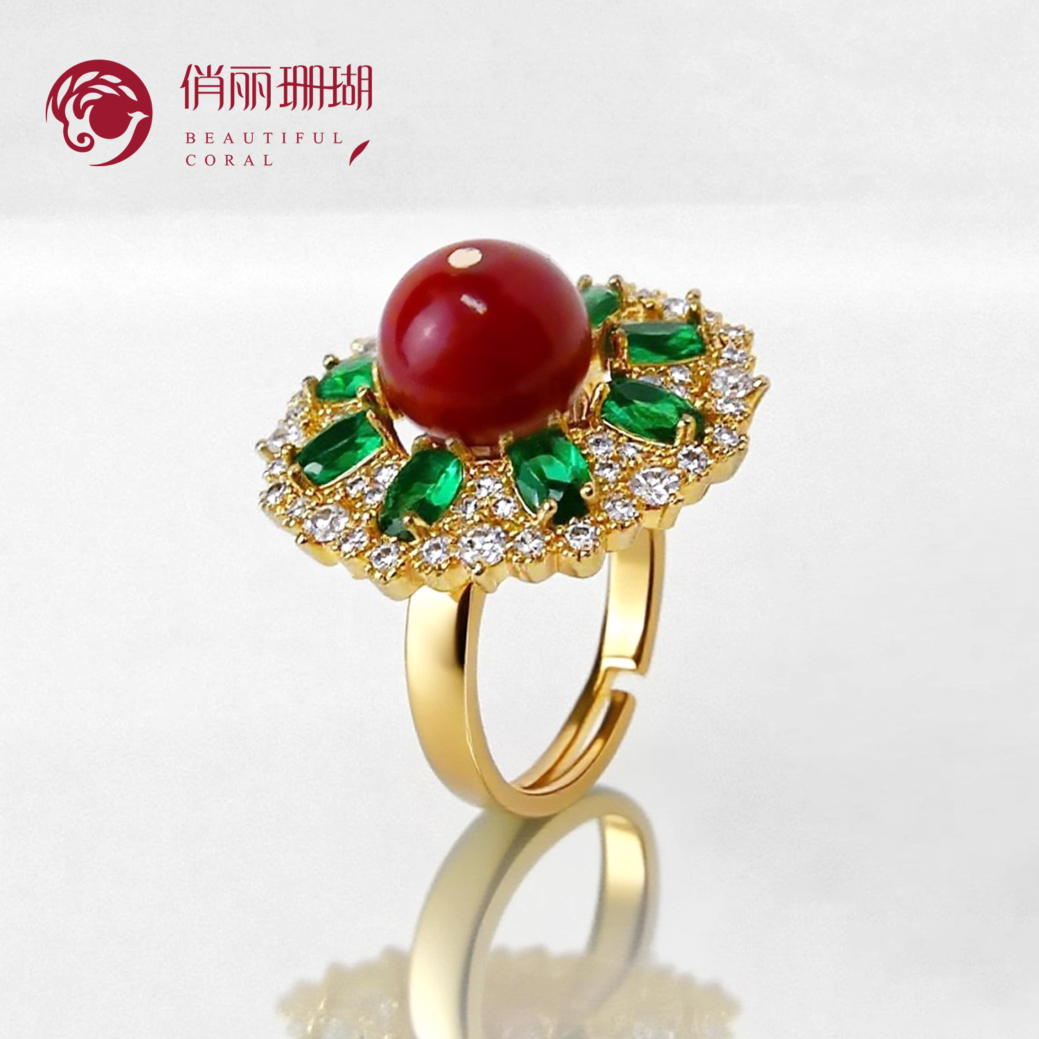 纯天然沙丁红珊瑚银S925镶嵌戒指