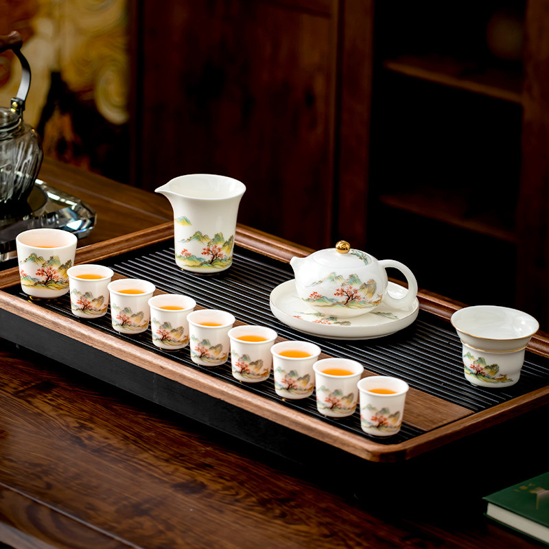 石茗堂羊脂玉瓷山水功夫茶具套装