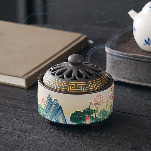 仿古田园荷花景观陶瓷盘香炉大号沉香蚊香家用室内香薰炉摆件供佛