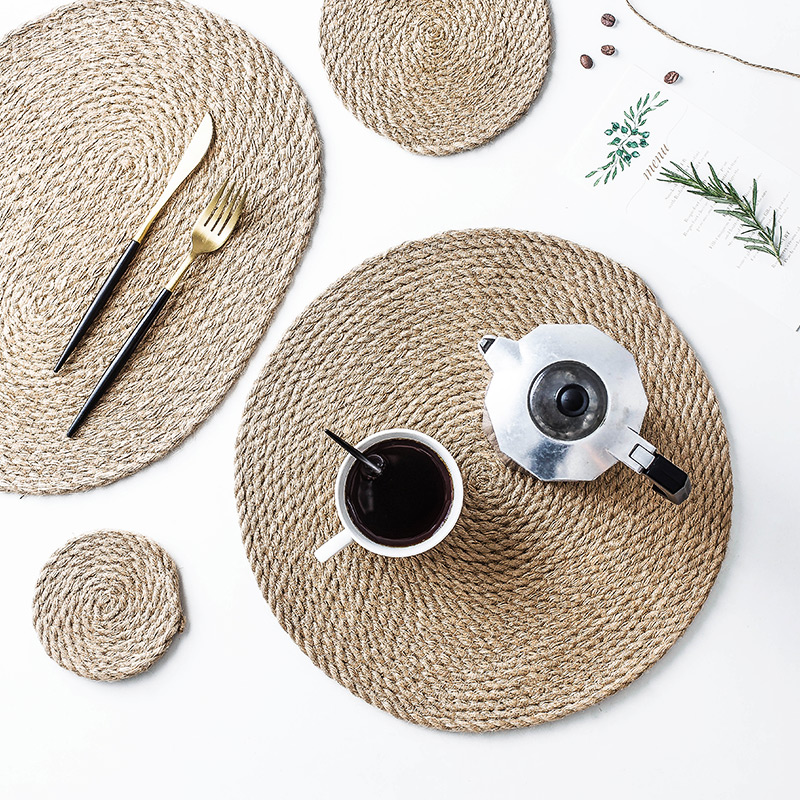日式简约棉麻垫 杯垫 碗盘垫加厚隔热垫亚麻餐垫手工编织棉线餐垫