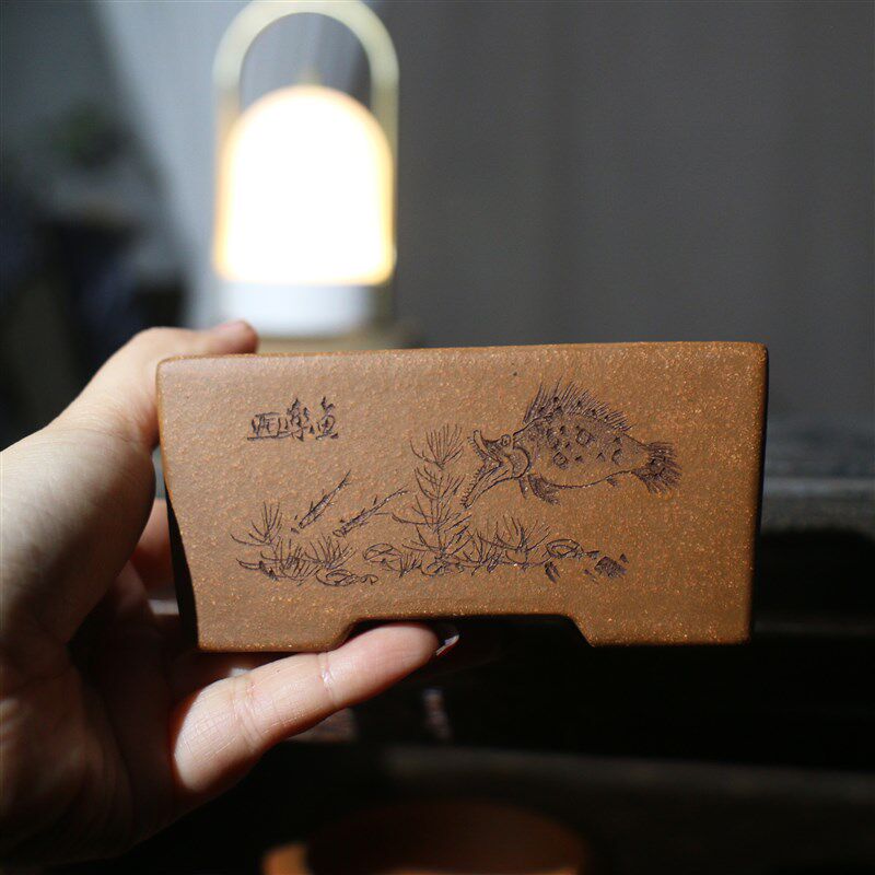 紫砂花盆长方形盆景盆刻绘手绘小盆桌面盆栽苏兵降坡泥手工盆古典