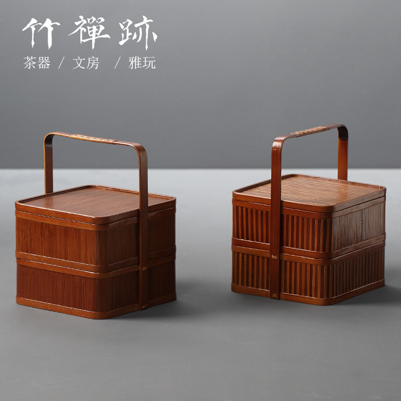 竹禅迹竹编食盒 多层提篮碟子野餐月饼点心篮茶具收纳盒带盖提盒