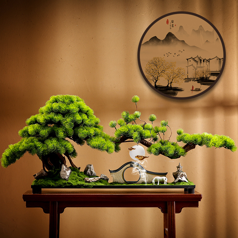 仿真迎客松盆景摆件客厅玄关办公室装饰禅意软装中式景观植物造景