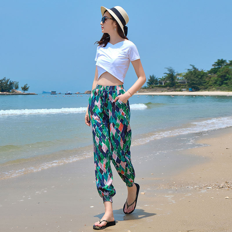 沙滩裤女海边夏季薄款女九分裤垂滑棉绸防蚊大人防晒大码灯笼长裤