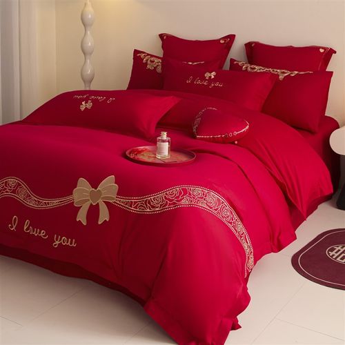 简约刺绣结婚四件套新婚庆红色陪嫁被套床单喜被床上用品备婚