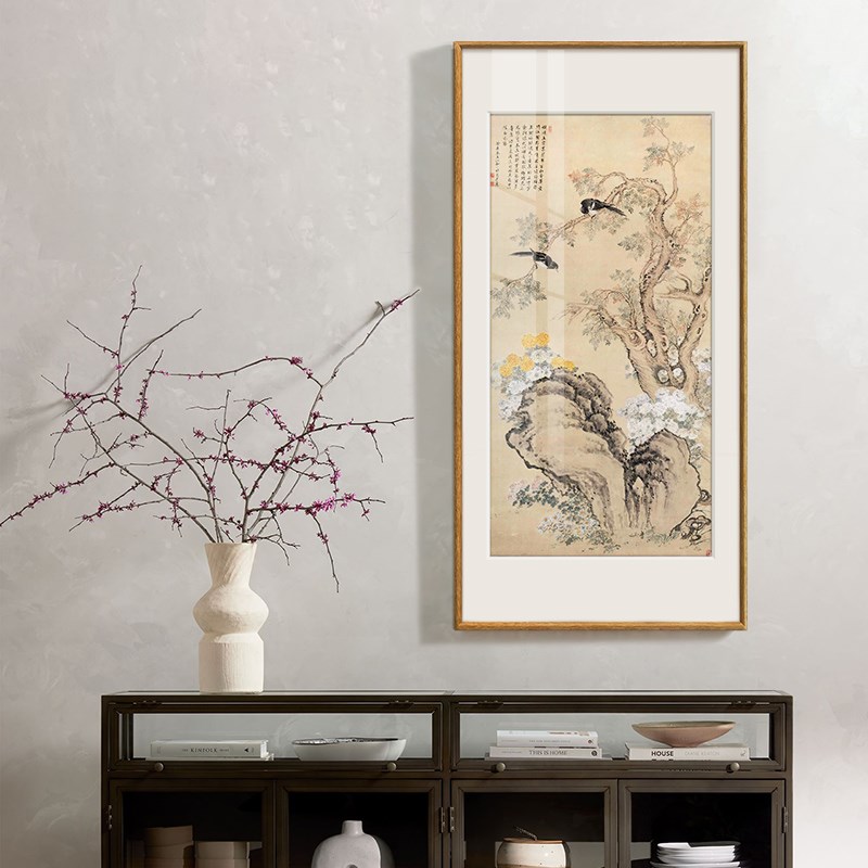 中国风装饰画《花鸟祥和图》客厅餐厅水墨挂画竖款玄关走廊壁画