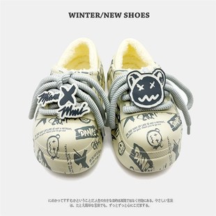 秋冬潮流涂鸦美式情侣棉拖鞋男女厚底增高包跟外穿加绒棉鞋雪地靴