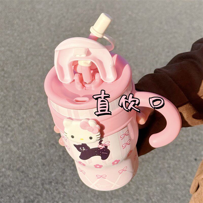 可爱猫咪保温杯女生大容量学生吸管水杯高颜值带茶隔办公室冰霸杯