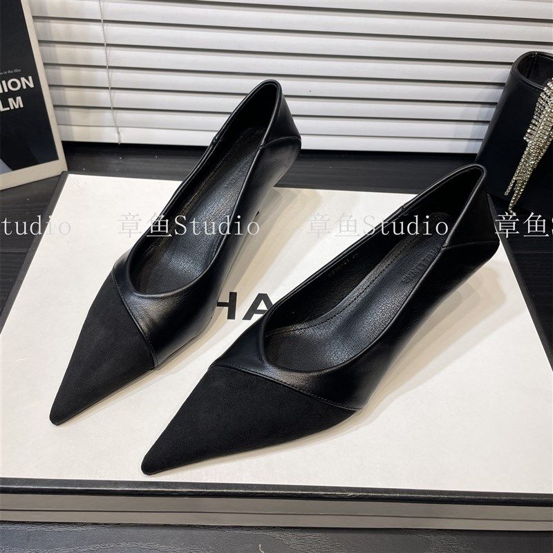 2025秋季新款法式绒面拼接细跟浅口尖头单鞋女时尚职业通勤高跟鞋,女鞋,浅口单鞋,淘宝优惠券,粉丝福利购,淘宝优惠卷