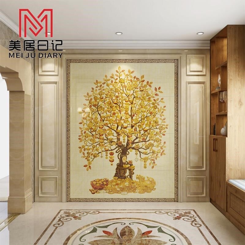 入户过道摇钱树发k财板金钱树微晶石玄关瓷砖大理石彩雕背景墙欧