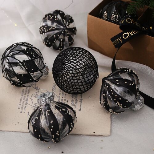 8CM黑色透明圣诞彩绘球圣诞节装C饰品精品PET套装挂饰圣诞树配件