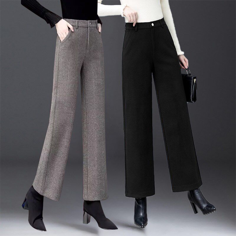 毛呢妈妈阔腿裤女春秋小r个子2024新款冬季加绒九分窄版直筒呢子