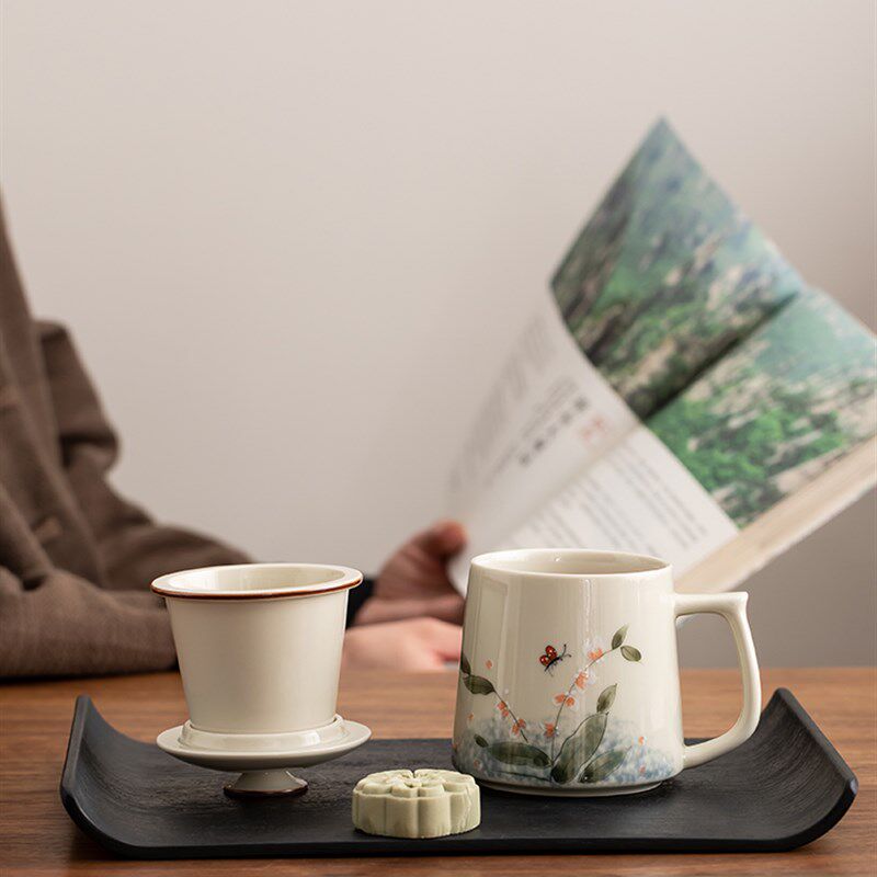 手绘陶瓷个人杯茶水分离泡茶杯A带盖过滤办公室马克杯子礼品礼盒