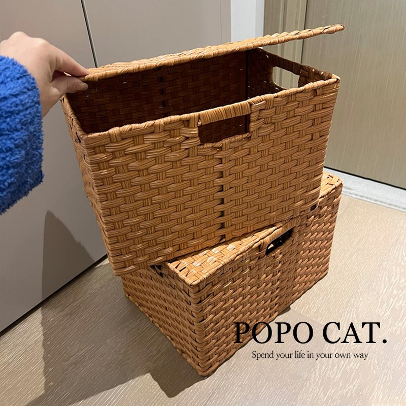 木质卧室玩具衣物收纳箱大容量家用带盖实木藤编搬家整理箱收纳筐