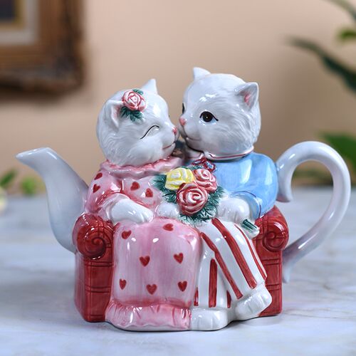 方亚陶瓷手工萌猫茶壶情侣猫摆件送闺蜜礼品T浪漫玫瑰花对猫