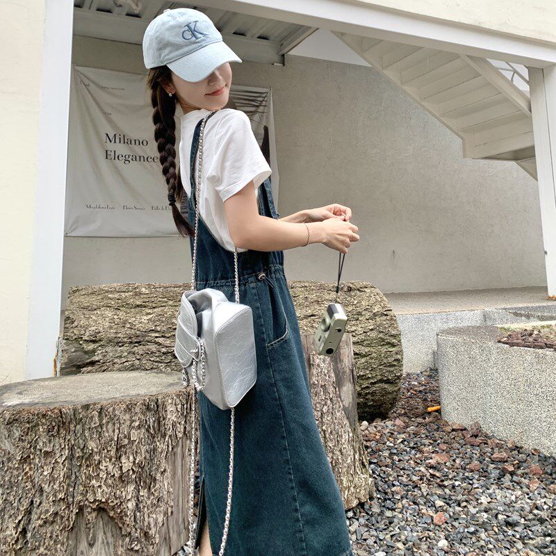 韩系学院风牛仔背带裙套装女夏2024新款小个子白色t恤a字裙两件套