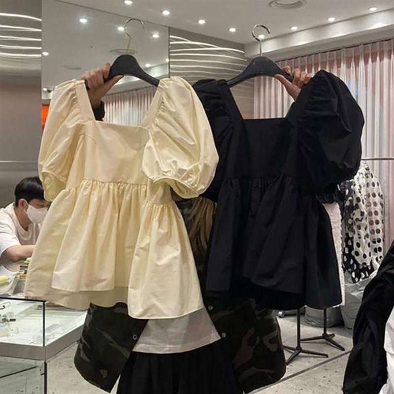韩国胖mm特大码300斤时尚甜美娃娃衫方领泡泡袖收腰气Z质衬衫女夏