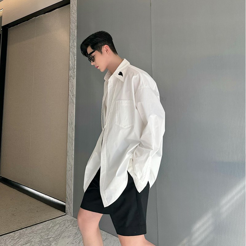 春夏高级感廓形白色衬衫男长袖小众爱心刺绣设计感百搭网红衬衣潮