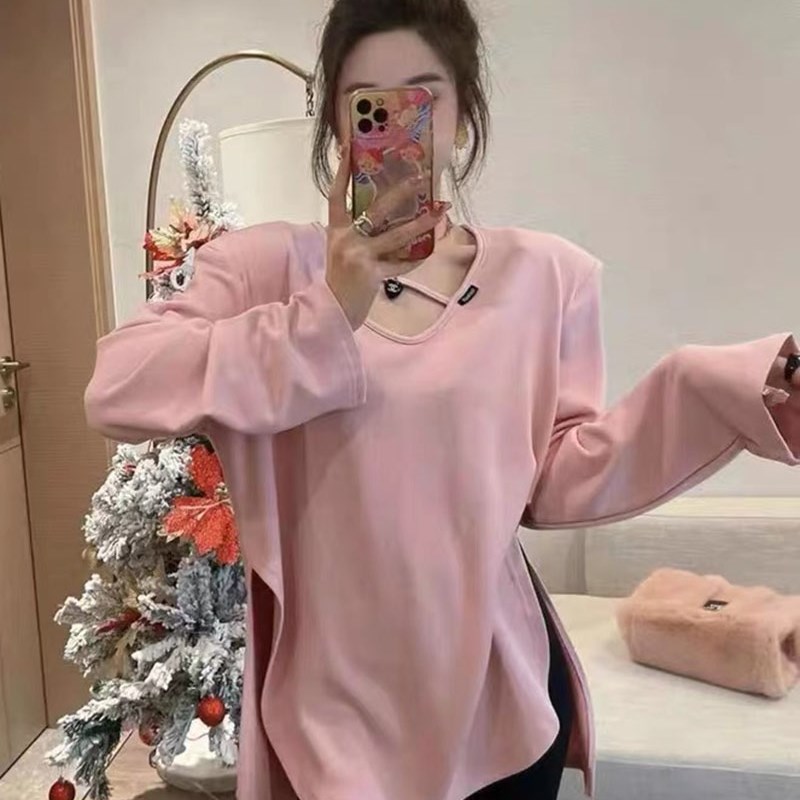 中长款薄绒磨毛开叉打底衫2024新款女秋冬内搭设计感长袖宽松t恤