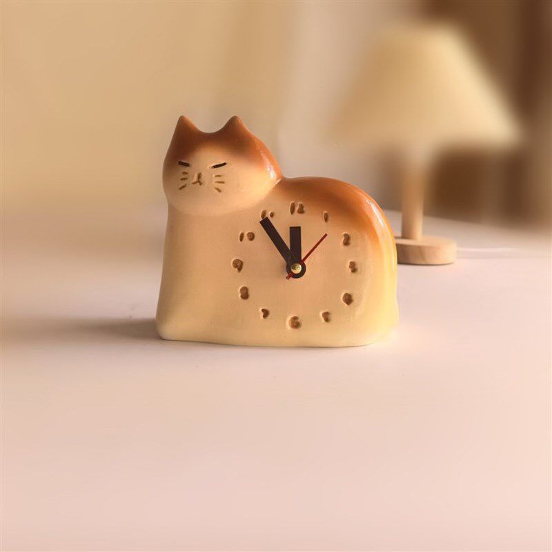 高级感可爱卡通小猫咪座钟表静音奶油风原木风时钟萌X系摆件台钟