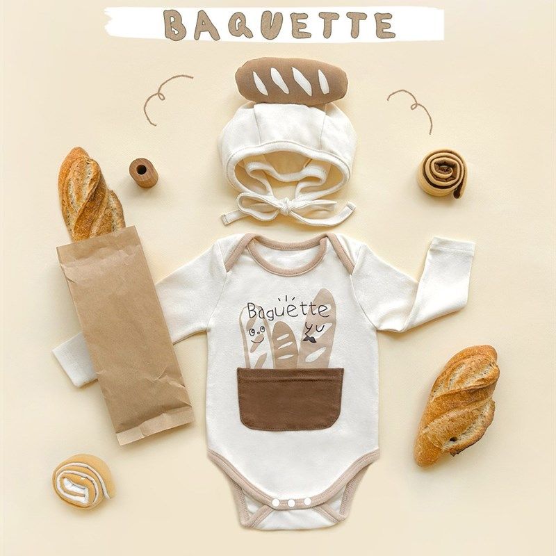 24新款春季婴儿连体衣ins韩版面包造型长袖哈衣宝宝包屁衣套装