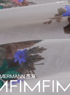 ZIM新款新花 高支高密细苎麻面料米黄色底部紫调印花布 宽135CM