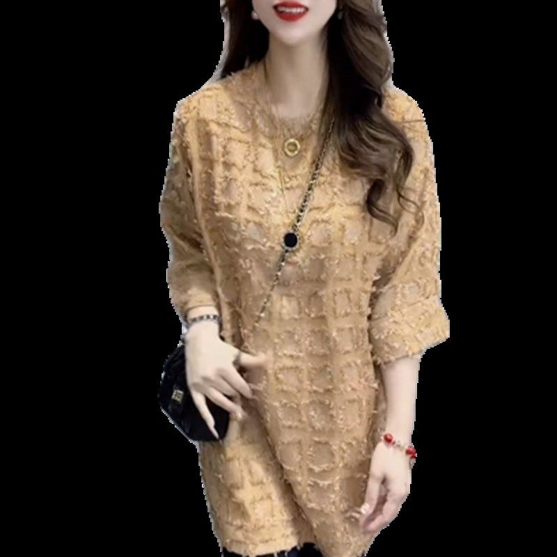 气质时尚毛边t恤女2024春季新款韩版洋气宽松显瘦中长款大衫裙潮