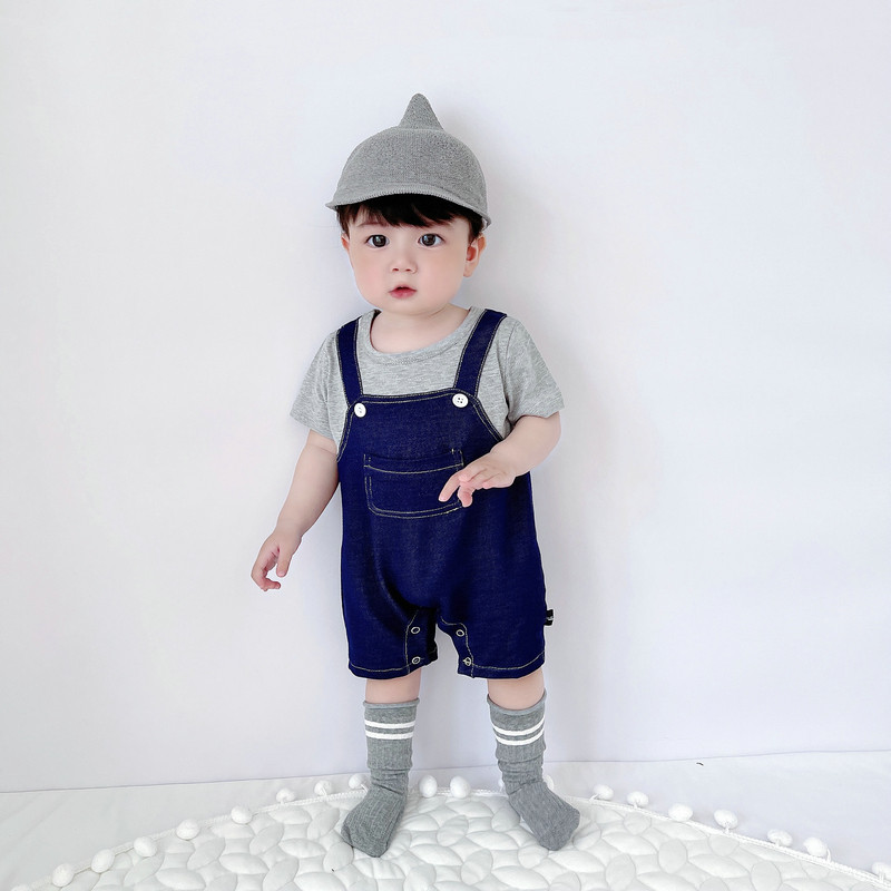 韩版婴儿服夏装新生儿夏季假两件薄款爬服宝宝可爱连体衣包屁衣潮