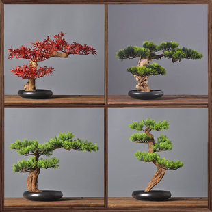 仿真迎客松盆景绿植盆栽客厅电视机柜玄关办公室造型崖柏松树摆件