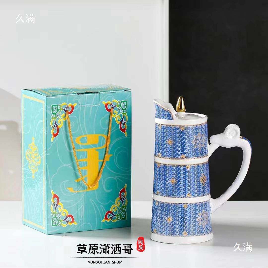 古餐.具QHN鲜奶壶奶茶壶马奶酒壶陶瓷印花羊头把手15升家用包蒙邮