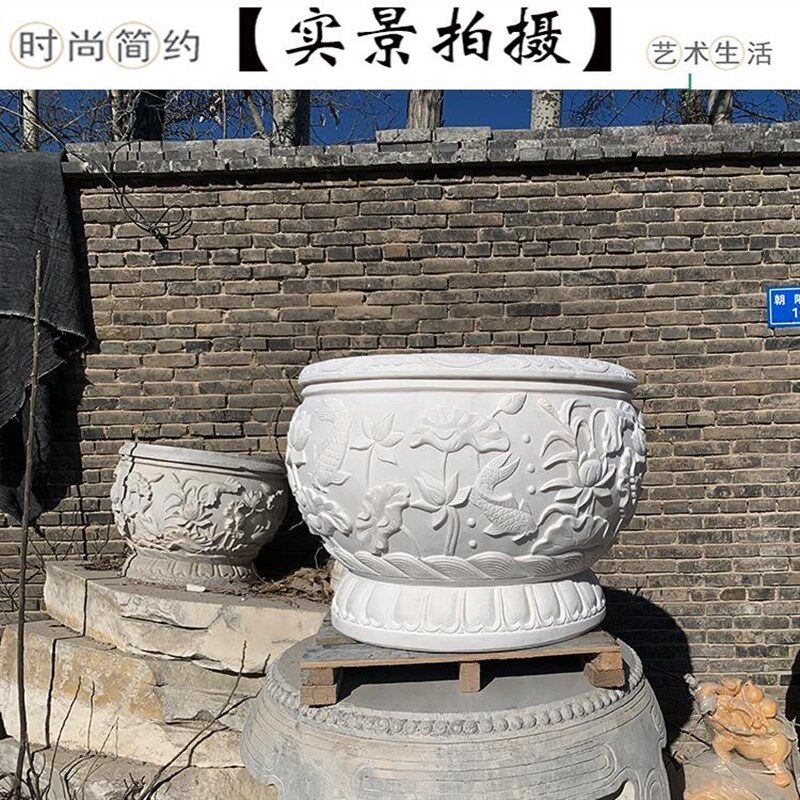石雕鱼缸花盆天然大理石做旧龙头流水风水缸汉白玉石头圆形荷花缸