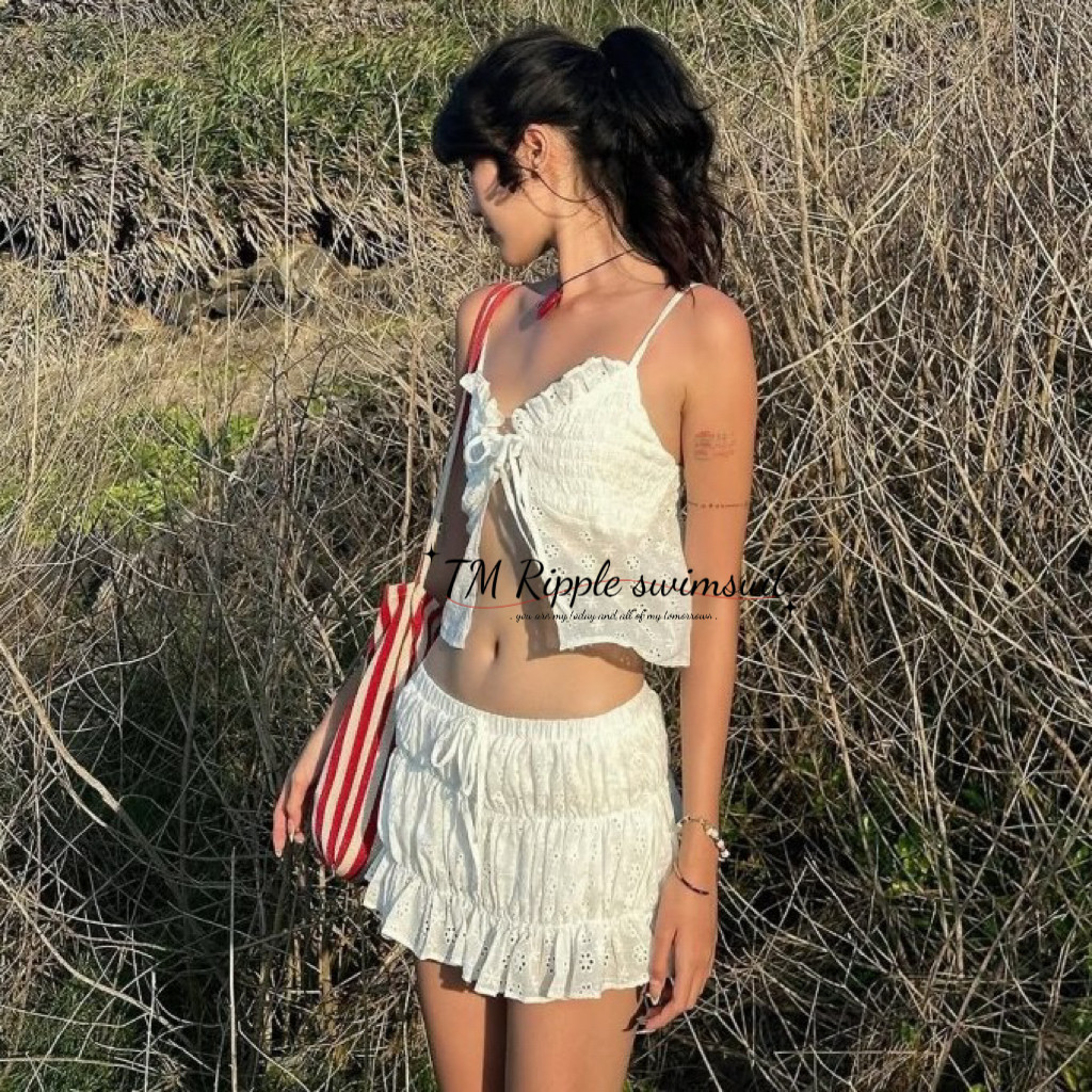 TMRipple泳衣女甜美性感白蕾丝吊带比基尼聚拢遮肚显瘦海边度假