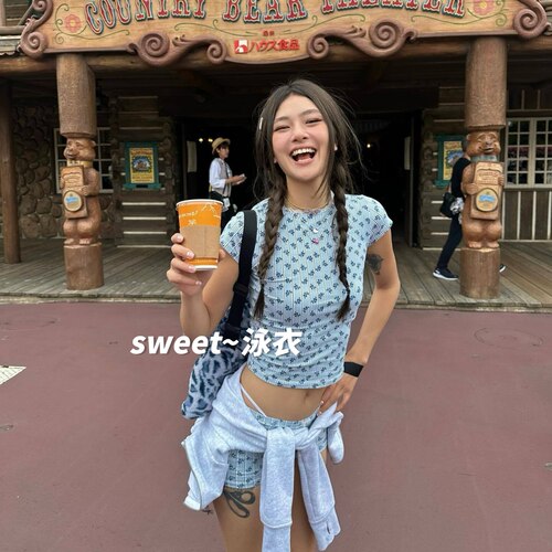 Sweet泳衣女泰国蓝灰色碎花纯欲