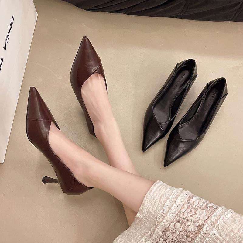 5厘米软皮高跟鞋女小跟细跟职业工作鞋上班中跟女鞋正装拼接单鞋