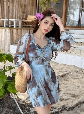 网红风泳衣女大码胖lmm200斤显瘦遮肚肉保守女孩连体裙式长袖温泉