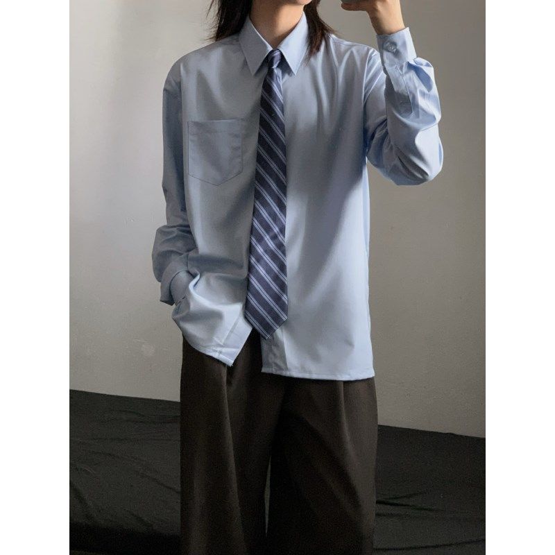 WM日系校供感制服尖领硬领浅蓝色长袖衬H衫JK女生DK男生学院风衬